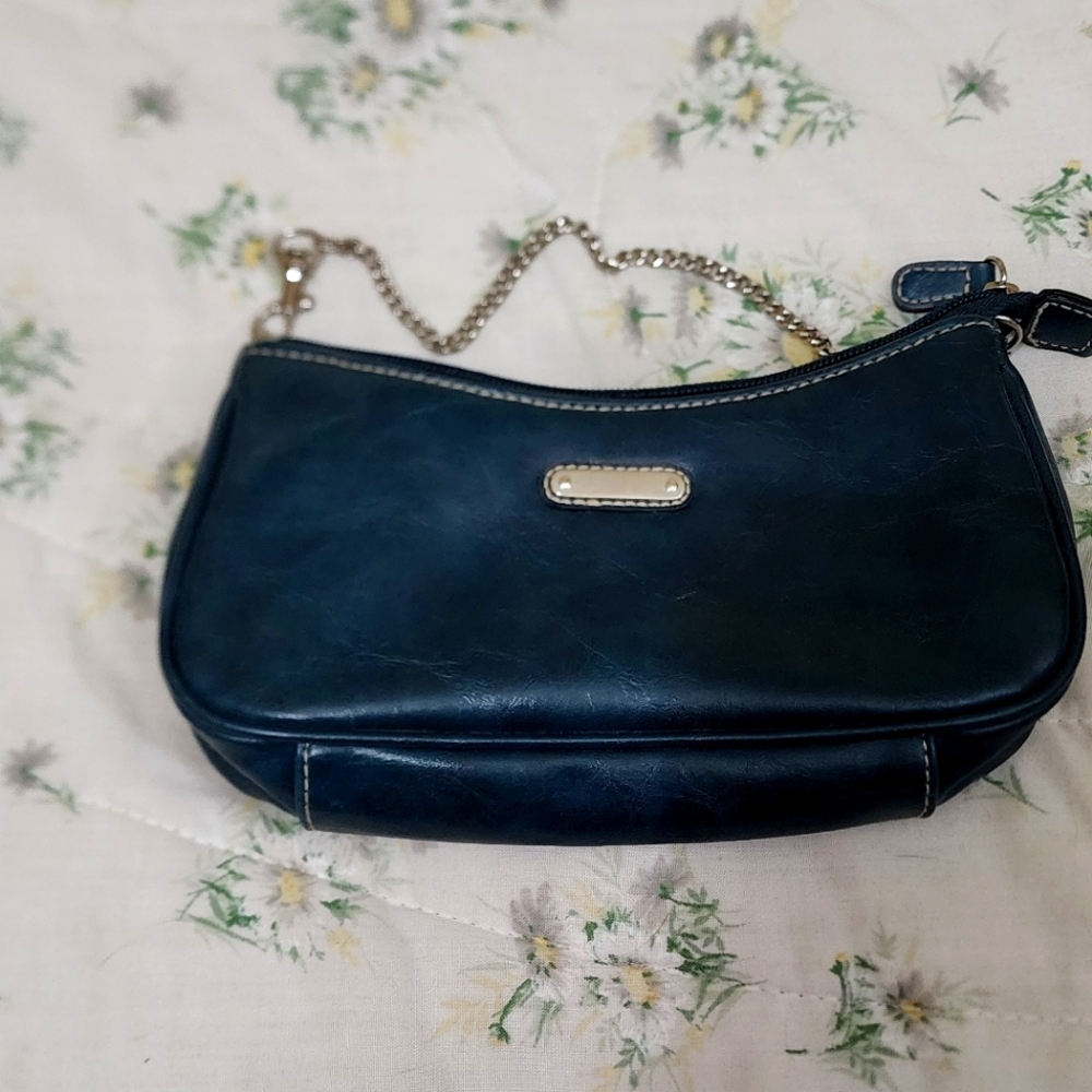 Small blue purse with silver chain handle and matching heart shaped mirror